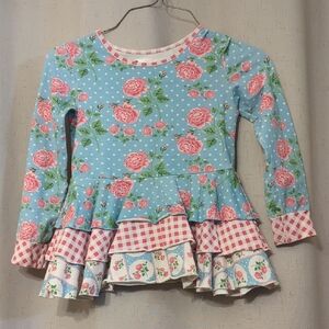 Girls' Long Sleeve Floral Blue Peplum Top - Charming Print